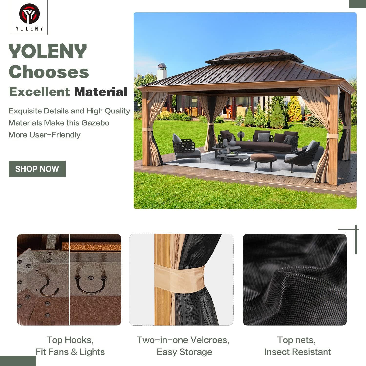 YOLENY 12' x 16' Hardtop Gazebo, Wood-Looking Gazebo with Galvanized Steel Double Roof, Aluminum Frame with Netting and Curtains for Deck, Backyard, Patio and Lawns