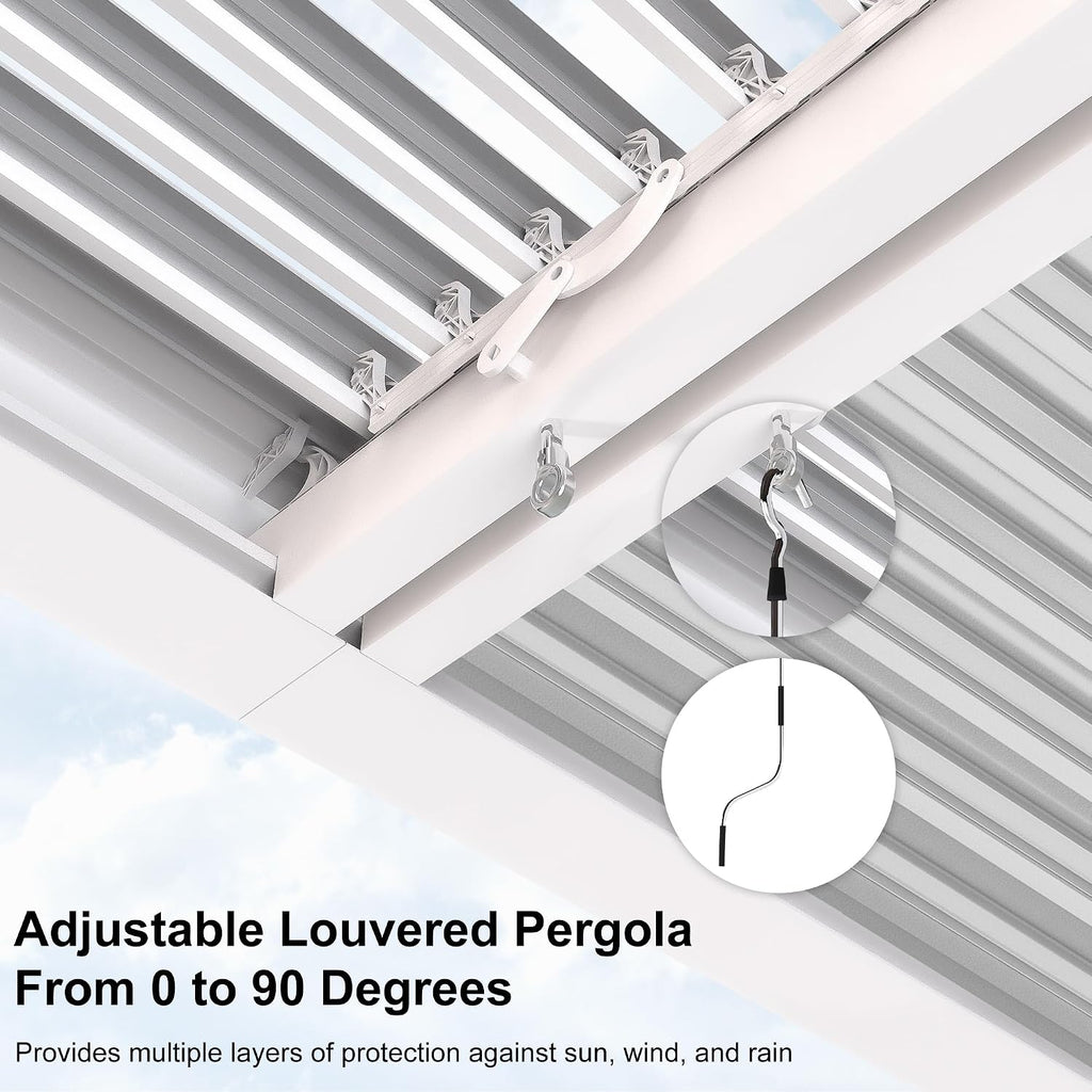 PURPLE LEAF Louvered Pergola 10' x 14' White Outdoor Aluminum Pergola Adjustable Gazebo Rainproof for Patio Deck Garden, 1 Long Side