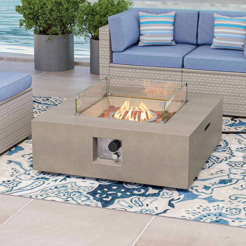 COSIEST Square Outdoor Sandstone Propane Fire Pit w Wind Guard, CSA Certified, 50,000 BTU Stainless Steel Burner, 35-inch, Free Lava Rocks and Rain Cover, Tank Outside, Metal Lid (Gray)