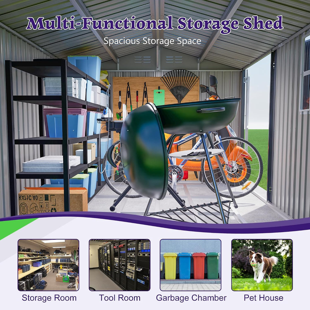 8x10 FT Shed Outdoor Storage Metal Large Garden Tool Sheds with Lockable Doors Floor Frame Window Gable Roof Waterproof Steel Utility Equipment Sheds for Backyard Patio Lawn Poolside, Grey