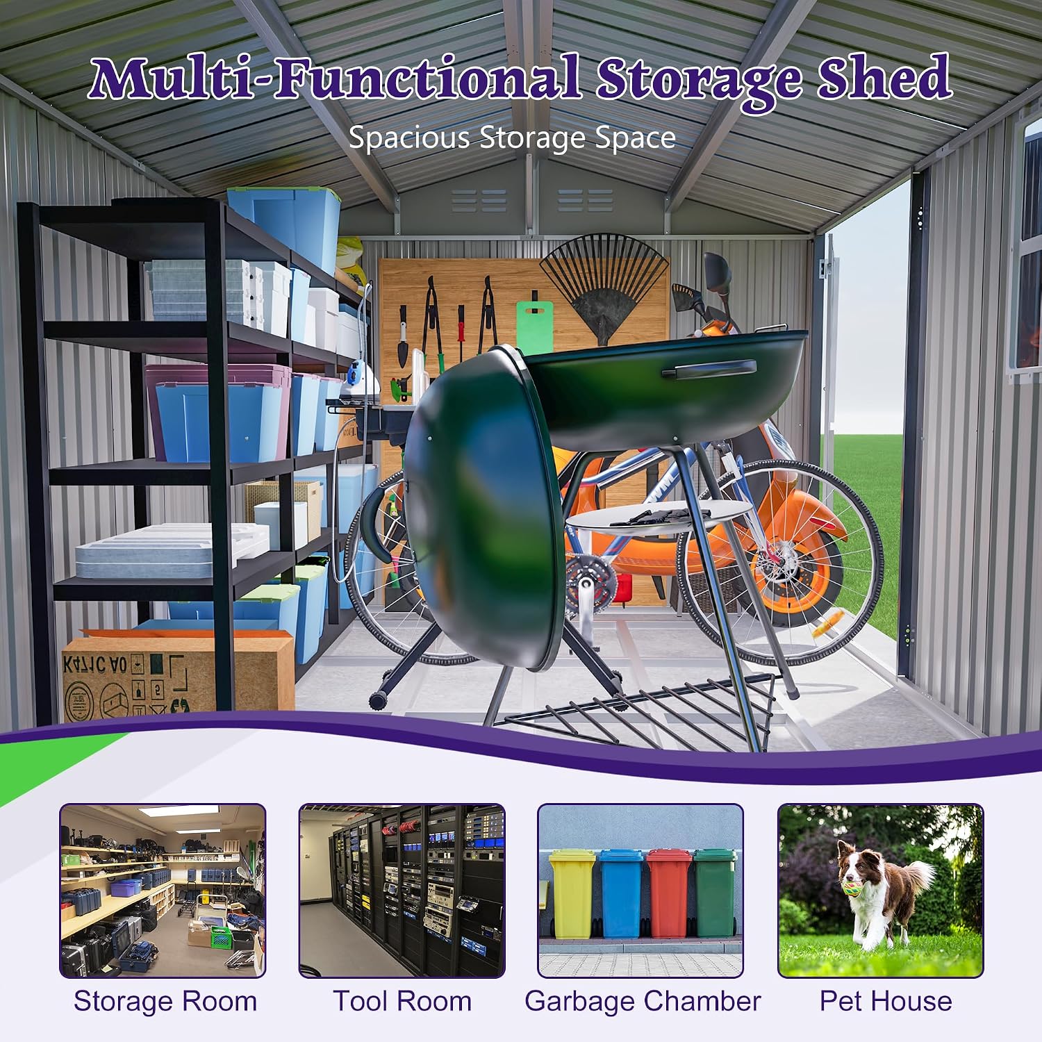 8x10 FT Shed Outdoor Storage Metal Large Garden Tool Sheds with Lockable Doors Floor Frame Window Gable Roof Waterproof Steel Utility Equipment Sheds for Backyard Patio Lawn Poolside, Grey