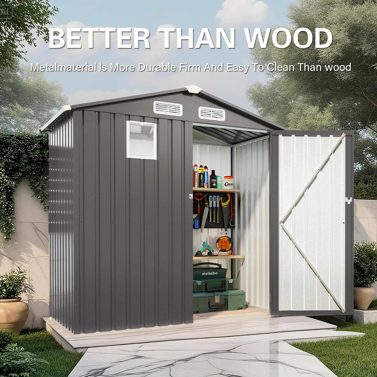 Organize and Secure with 6x3.6 FT Metal Shed, Waterproof Outdoor Storage with Lockable Door & Clear Window for Garden Tools, Patio Furniture, Bicycles, Gray