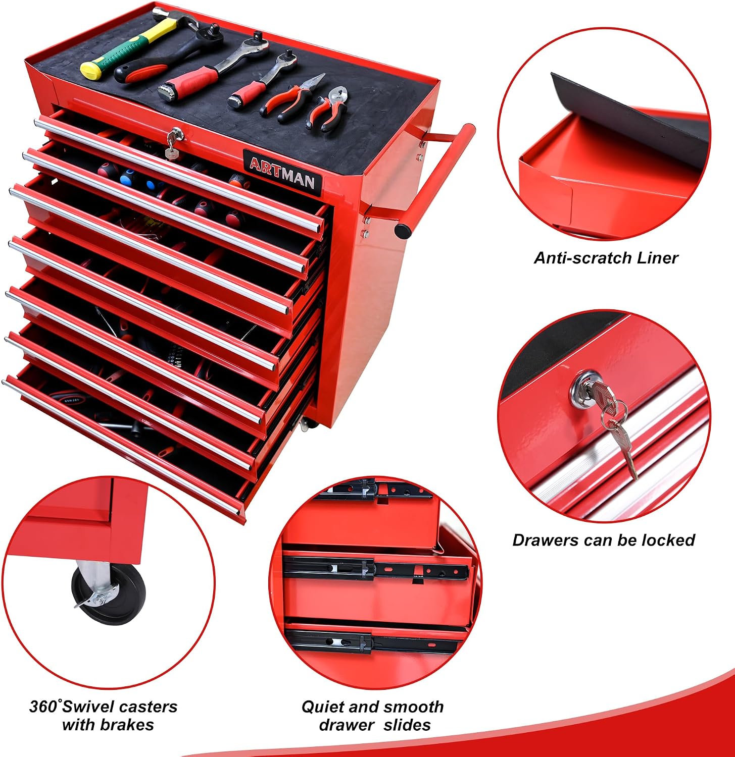 7 Drawers Tool Cart on Wheels, 7 Drawer Rolling Tool Chest with Key Lock, Trolley Organizer Tool Case, Multifunctional Rolling Tool Box for Garage,Warehouse,Workshop,Repair Shop (Red)