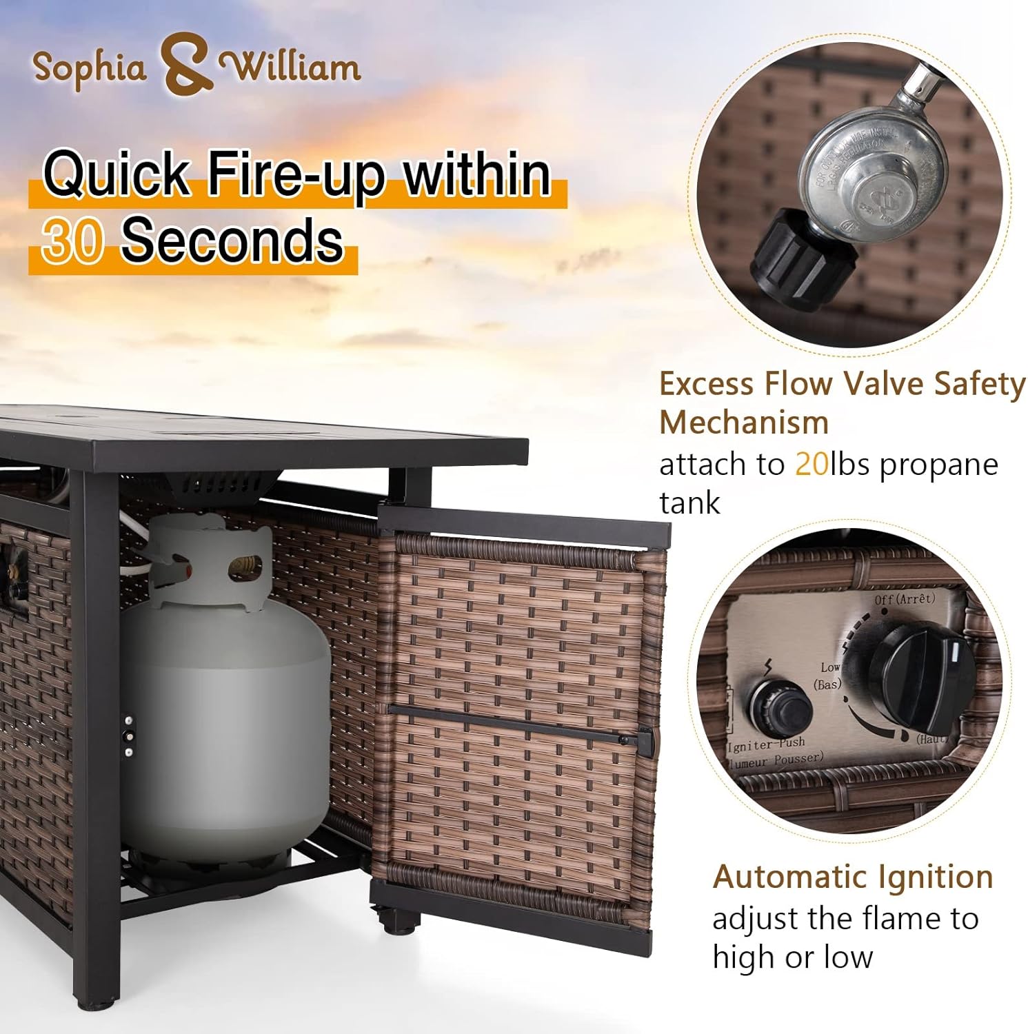 Sophia & William 56 Inch Gas Fire Pit Table Outdoor Rattan Propane Fire Table & Fireplace with Fire Glass, Lid, 50,000 BTU Firepits for Outside Patio