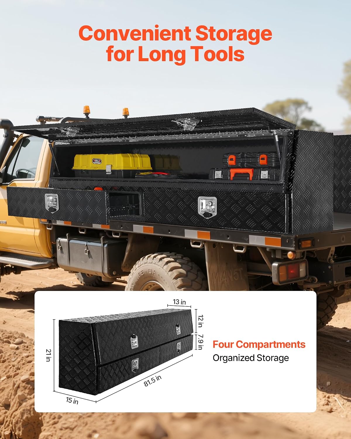 VEVOR Contractor Truck Tool Box, 81.5 x 21 x 13 in, Black Tread Aluminum TopSider Toolbox with Two Lower Drawers, Flip Up Door, Weather-Resistant Heavy Duty Storage Box, with Latch, for Truck Bed