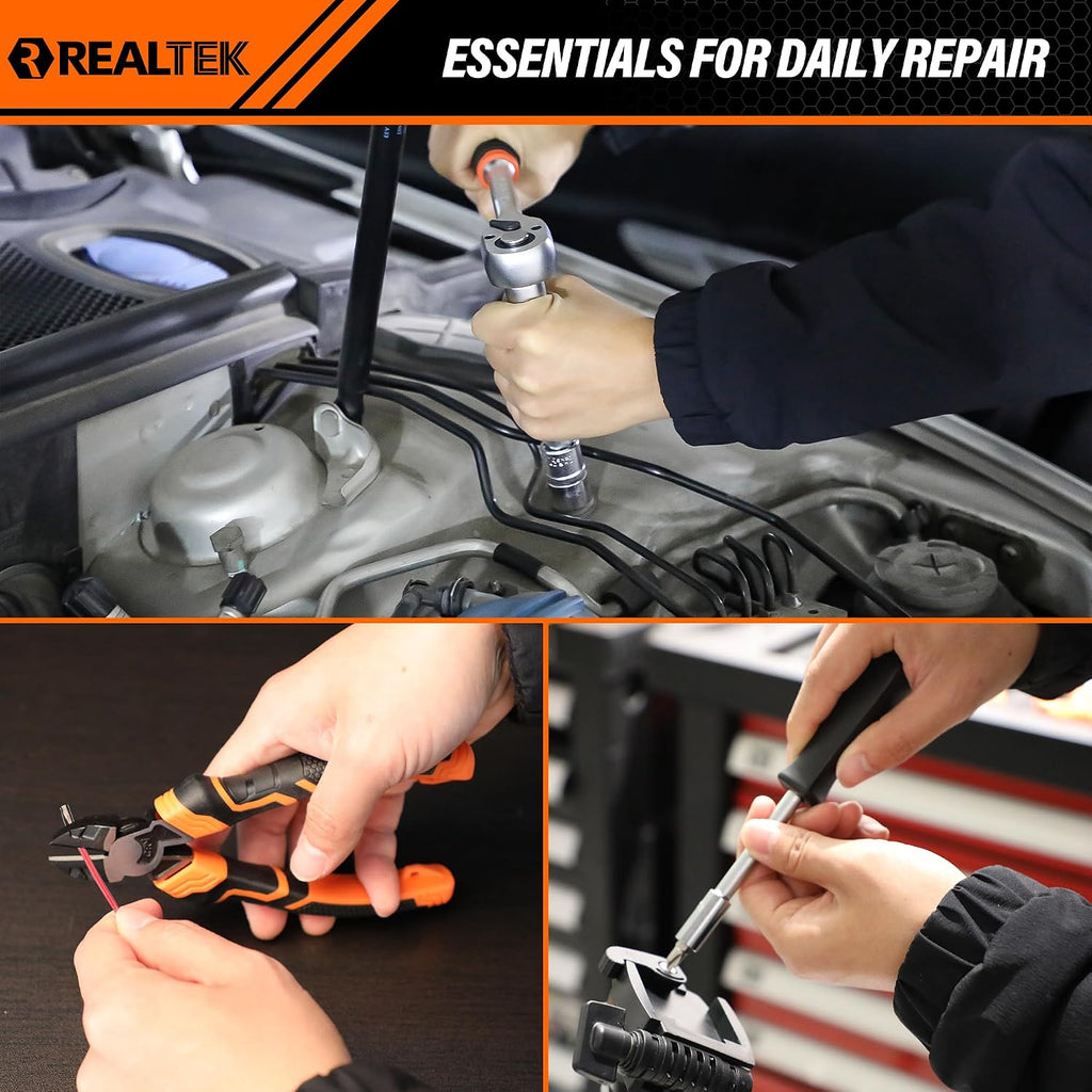 REALTEK 100 Piece Mechanic Tool Set, Car Tool Kit, Cr-V Socket Wrench Auto Repair Kit Includes Socket Accessories, Pliers, Heavy Hammer, Screw Drivers, General Households Tools with Larger Case
