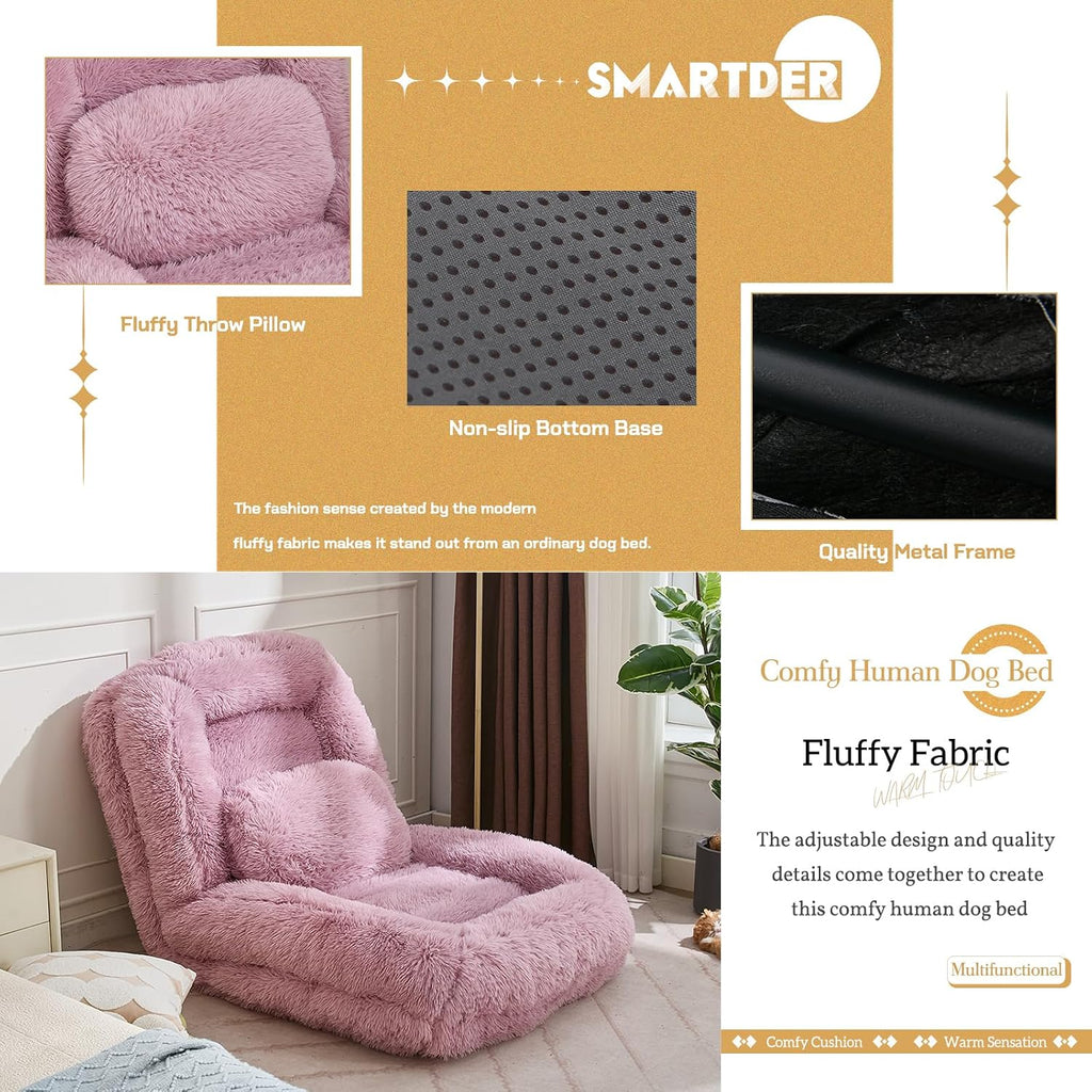 Adjustable Plush Human Dog Bed Lounger for Adult, 5-Position Foldable Lazy Lounge Sofa, Large Size Bean Bag Chair with Pillow, Folding Floor Chair for Living Room, Bedroom, Gaming Room, Pink