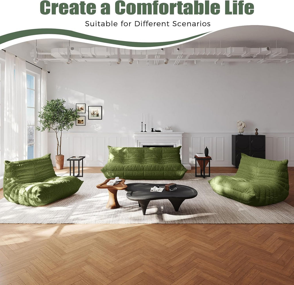 3 Seat Oversized Bean Bag Chairs for Adults, Memory Foam Fireside Beanbag Couch, Comfy Bean Bag Lounger Lazy Sofa for Living Room, Bedroom, Playroom, Green