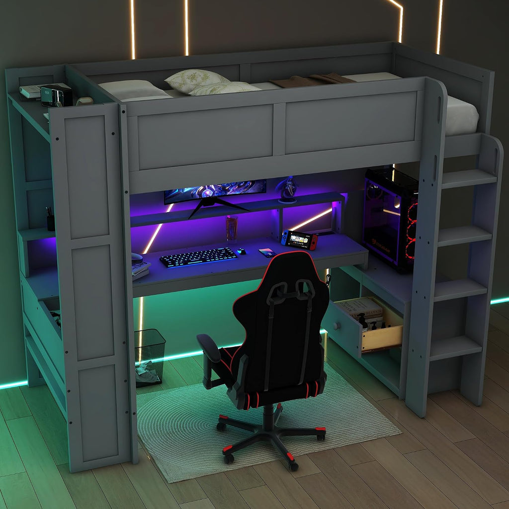 SOFTSEA Full Size Gaming Loft Bed with Desk, Wood Loft Bed with USB Ports, LED Lights, Gaming Lofts Bed with Multi-Storage Shelves & Under-Bed Space for Adults Kids Teens, No Noise, Gray