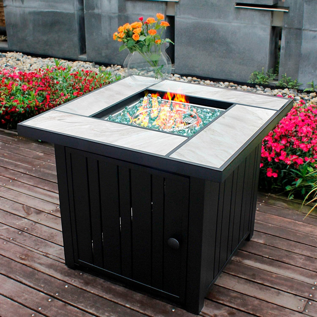 OutVue 30' Propane Fire Pit with Real Ceramic Tabletop, 50000 BTU Gas Firepit Table with Lid & Glass Rock, Outdoor Fire Pit for Dining or Party, Firepit for Outside, Patio, Garden, Yard