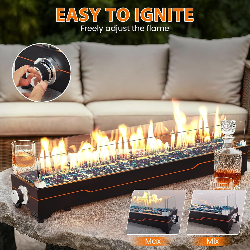 GRISUN Tabletop Fire Pit,36 Inch Propane Fire Pit Table,50000 BTU Table Top Firepit with Glass Wind Guard,Stainless Steel Burner,Fire Glass,Portable Propane fire Pit for Patio, Camping, Backyard & RV