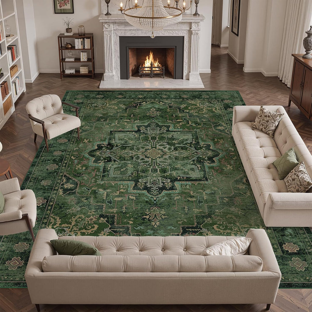 Green Large Area Rugs 10x12, Living Room Bedroom Carpet Extra Large Size Washable Non Slip, Vintage Distressed Medallio Low Pile Thin Rug for Big Dining Room
