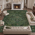 Green Large Area Rugs 10x12, Living Room Bedroom Carpet Extra Large Size Washable Non Slip, Vintage Distressed Medallio Low Pile Thin Rug for Big Dining Room