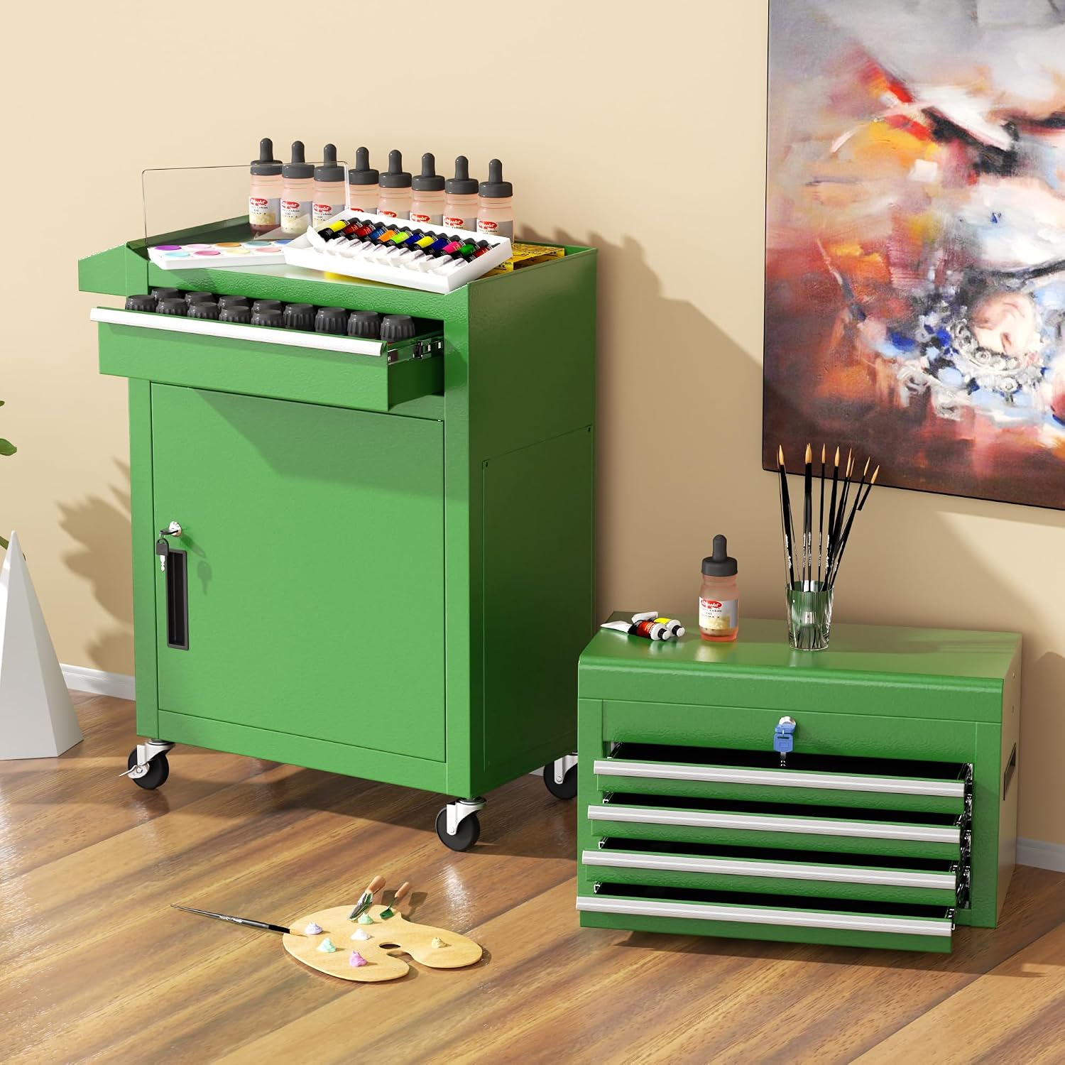 INTERGREAT Tool Chest Cabinet, 5-Drawer Rolling Tool Chest with Detachable Top Tool Box, Tool Chests with Universal Lockable Wheels, Metal Tool Cart for Garage, Workshop, Barbershop(Green)