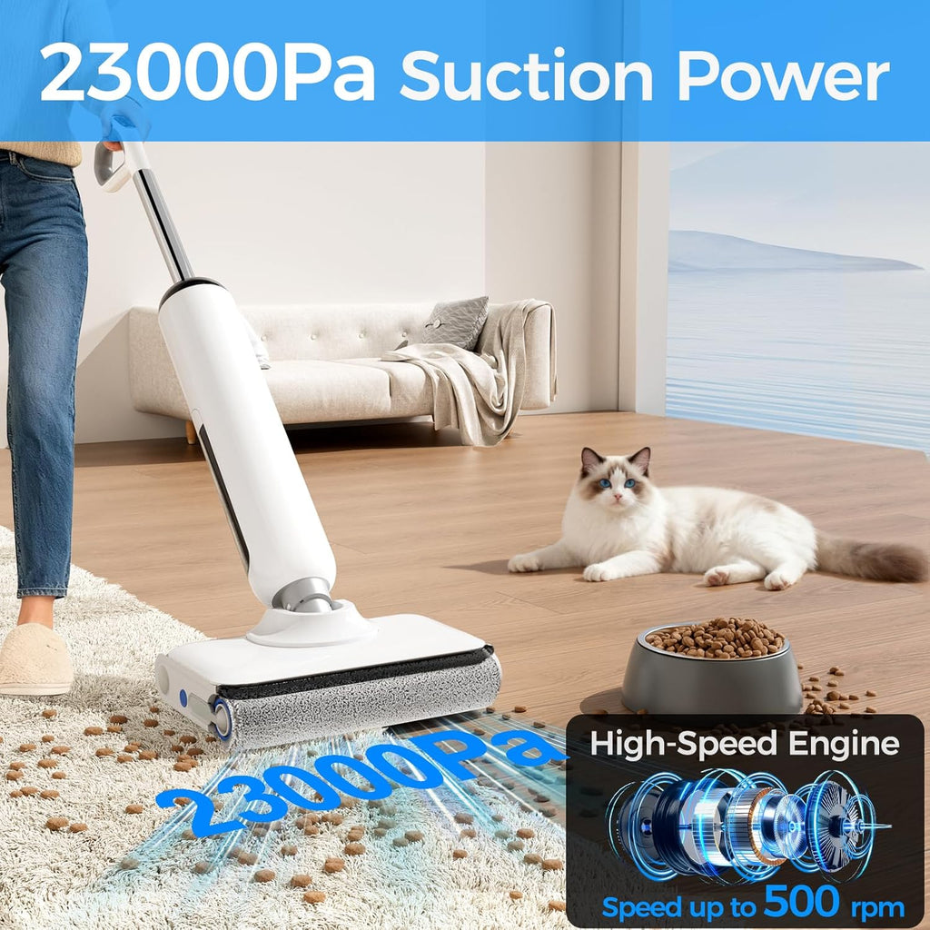 Wet Dry Vacuum Cleaner Cordless, 23KPa Vacuum Mop for Hard Floors, Up to 45 Min Runtime, 180° Lay-Flat Design with Hot Water Self-Cleaning & 185°F Hot Air Drying, Anti-Tangle Brush for Pet Hair