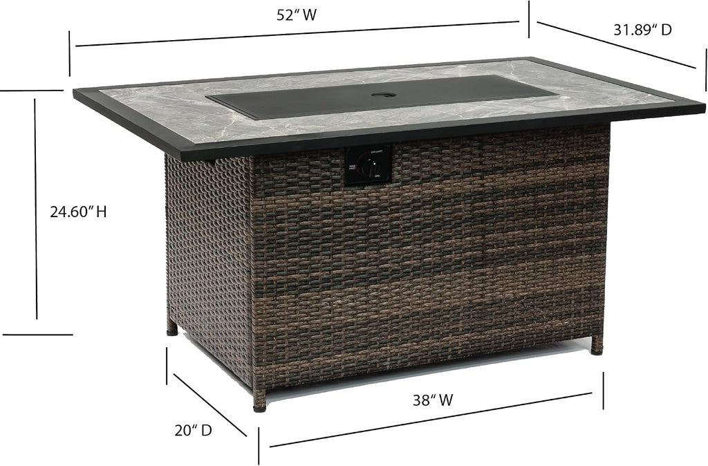 Propane Gas Outdoor Fire Pits Table with Tile Tabletop and Tempered Glass Around, 52 Inch Rectangular 50,000 BTU Auto-Ignition Wicker Base Fire Pit Table for Patio Garden Deck Backyard