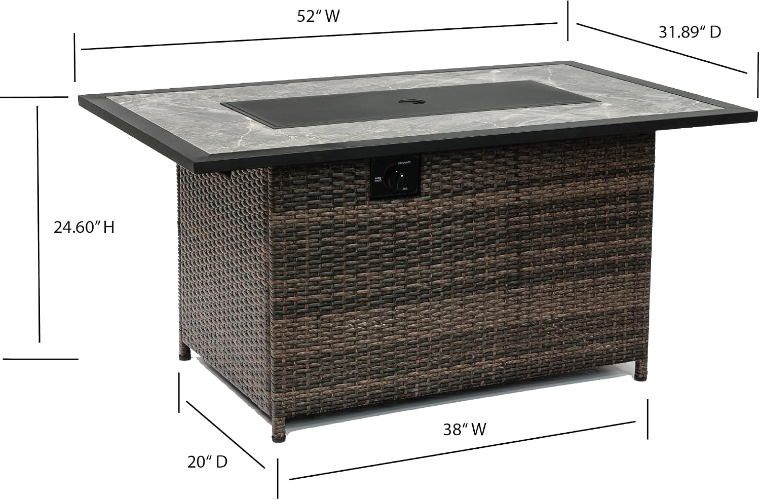 Propane Gas Outdoor Fire Pits Table with Tile Tabletop and Tempered Glass Around, 52 Inch Rectangular 50,000 BTU Auto-Ignition Wicker Base Fire Pit Table for Patio Garden Deck Backyard