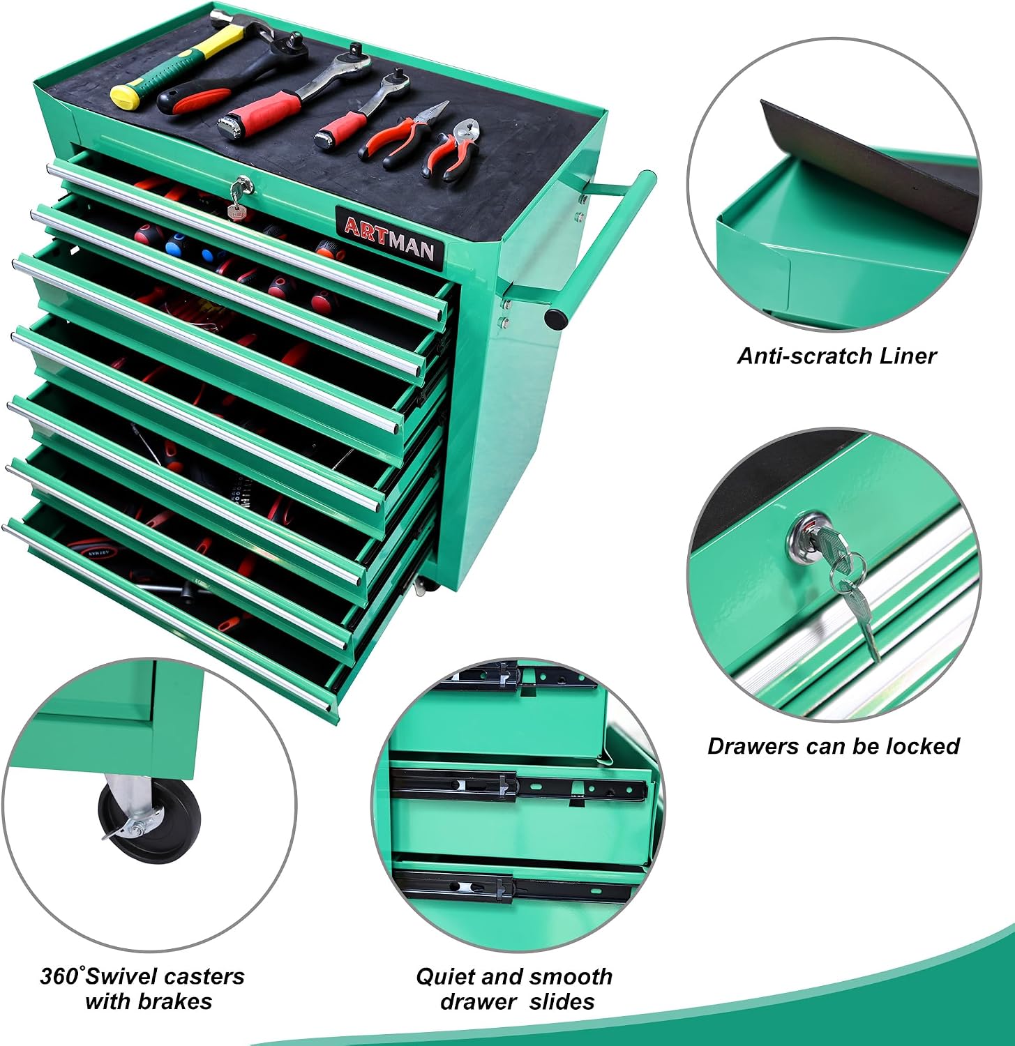 7 Drawers Tool Cart on Wheels, 7 Drawer Rolling Tool Chest with Key Lock, Trolley Organizer Tool Case, Multifunctional Rolling Tool Box for Garage,Warehouse,Workshop,Repair Shop (Green)