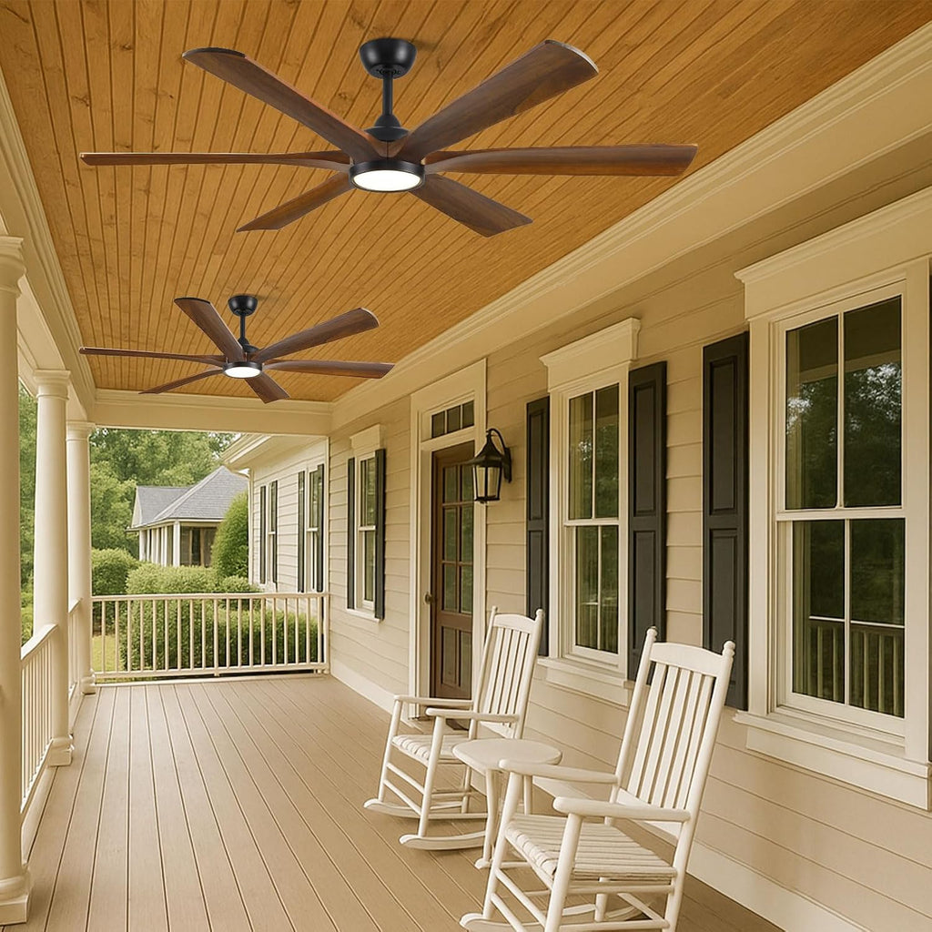 60 Inch Indoor Outdoor Ceiling Fan with Light and Remote - Modern Farmhouse Style, 6 Solid Wood Blades, High CFM Quiet Reversible Energy Efficient DC Motor, Damp-rated for Patios Porch Gazebo Garage