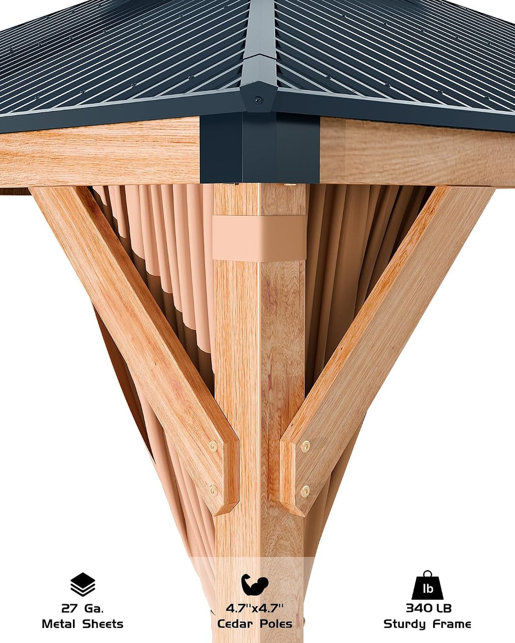 GAOMON Hardtop Spruce Wood Gazebo 10'x12', with Double Roof of Metal Sheets, 4.7'' Heavy Duty Poles, Net, and Curtain, Permanent Building for Patio, Deck, Backyard, Lawn, and Garden, Khaki