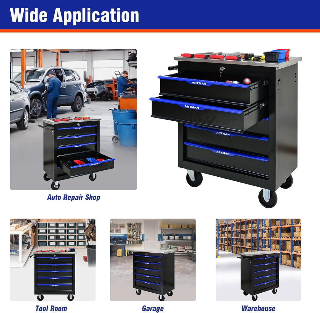 5 Drawers Rolling Tool Box on Wheels, Stainless Steel Countertop Multifunctional Tool Chest Cabinet with Lock, Drawers Rolling Tool Cart Trolley Organizer Tool Storage Case for Garage,Warehouse