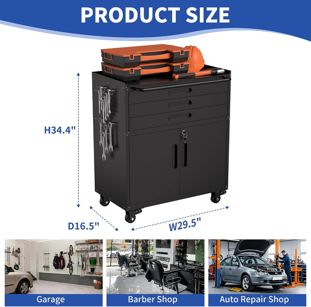 RYH 29.5' W Rolling Tool Cabinet Metal Garage Storage Cabinet on Wheels, Locking Rolling Tool Chest for Workshop, Heavy Duty Tool Cart with Drawers (Black+, 3 Drawers 2Door34.4 H ×29.5' W)