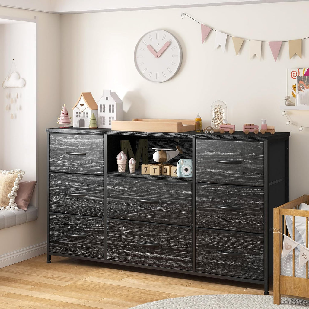 EnHomee Black Dresser for Bedroom with Charging Station, 8 Drawers Dressers & 55 inch TV Stand for Bedroom, Fabric Chest of Drawers with Open Shelves, Sturdy Dresser for Living Room, Hallway