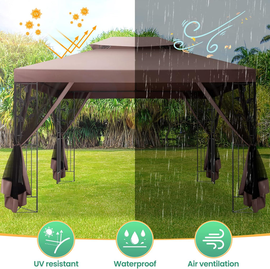 COBIZI Gazebo 10x13 Heavy Duty Gazebos with Improved Nettings Outdoor Gazebo Double Roof Patio Gazebos with Metal Steel Frame Outdoor Canopy for Patio, Deck, Backyard (Brown)