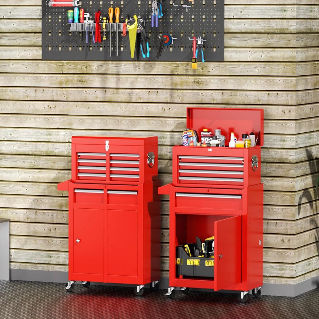 INTERGREAT 5 Drawers Tool Chest, Rolling Tool Chest with Detachable Top Tool Box, Tool Chests with Universal Lockable Wheels, Metal Tool Cart for Garage, Workshop, Barbershop, Red