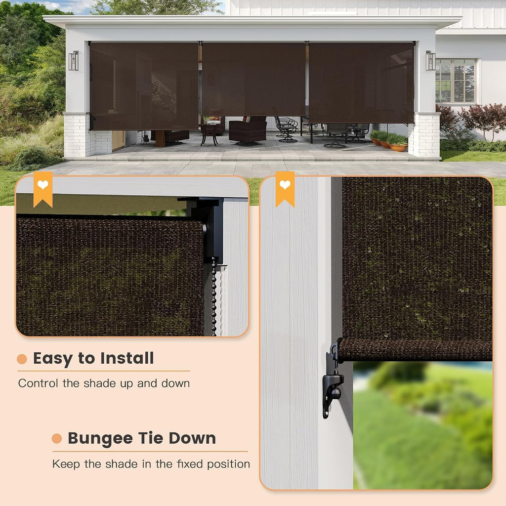 VICLLAX Outdoor Roller Shade (10' W×8' L), Patio Corded Roller Blinds, Exterior Roll Up Shade with Spliced Design for Patio Porch Gazebo, Chocolate