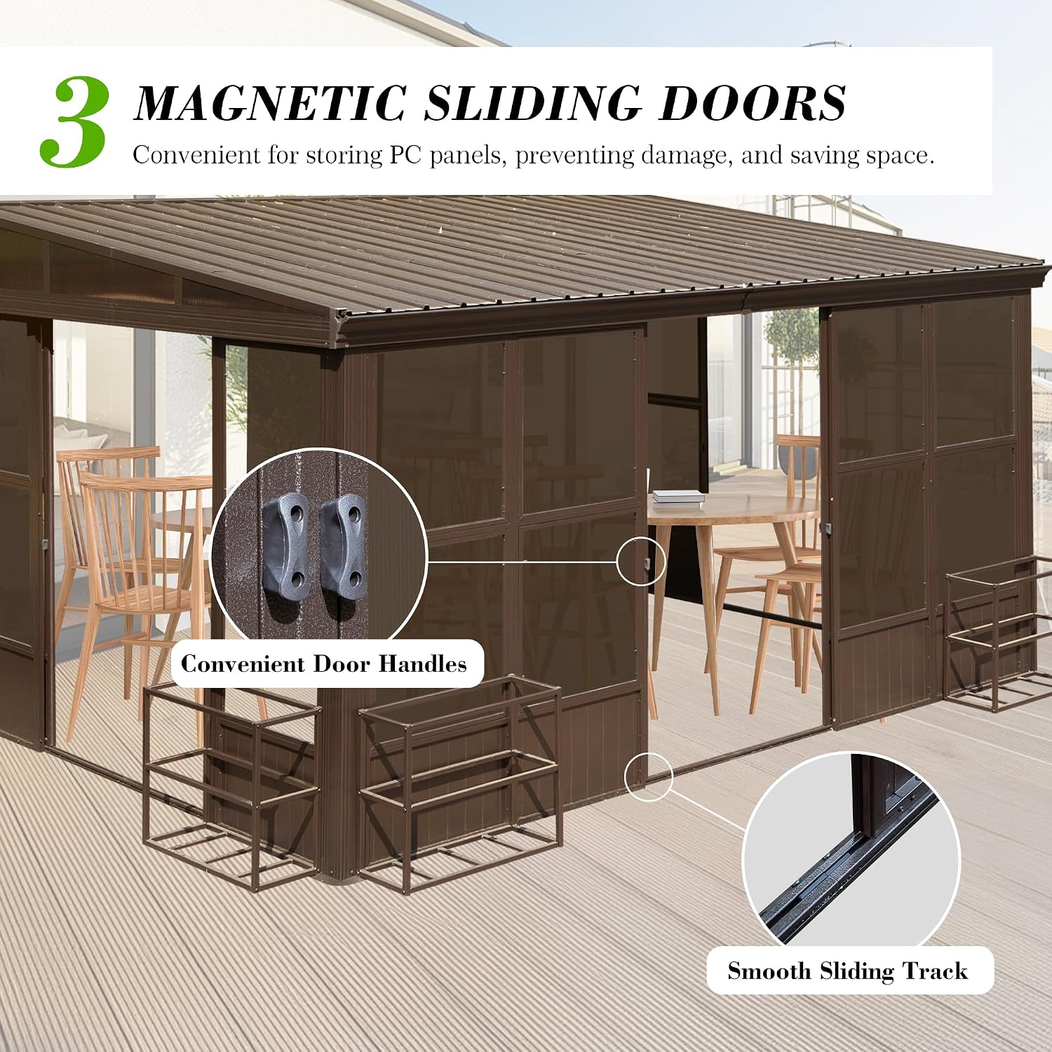 Domi 10x14FT Sunroom, Wall Mounted Sunroom Kit with Galvanized Steel Sloping Roof, Outdoor Sunroom Gazebo with Detachable PC Screen, 3 Sliding Double Doors, Lean to Sun Room for Patio, Deck