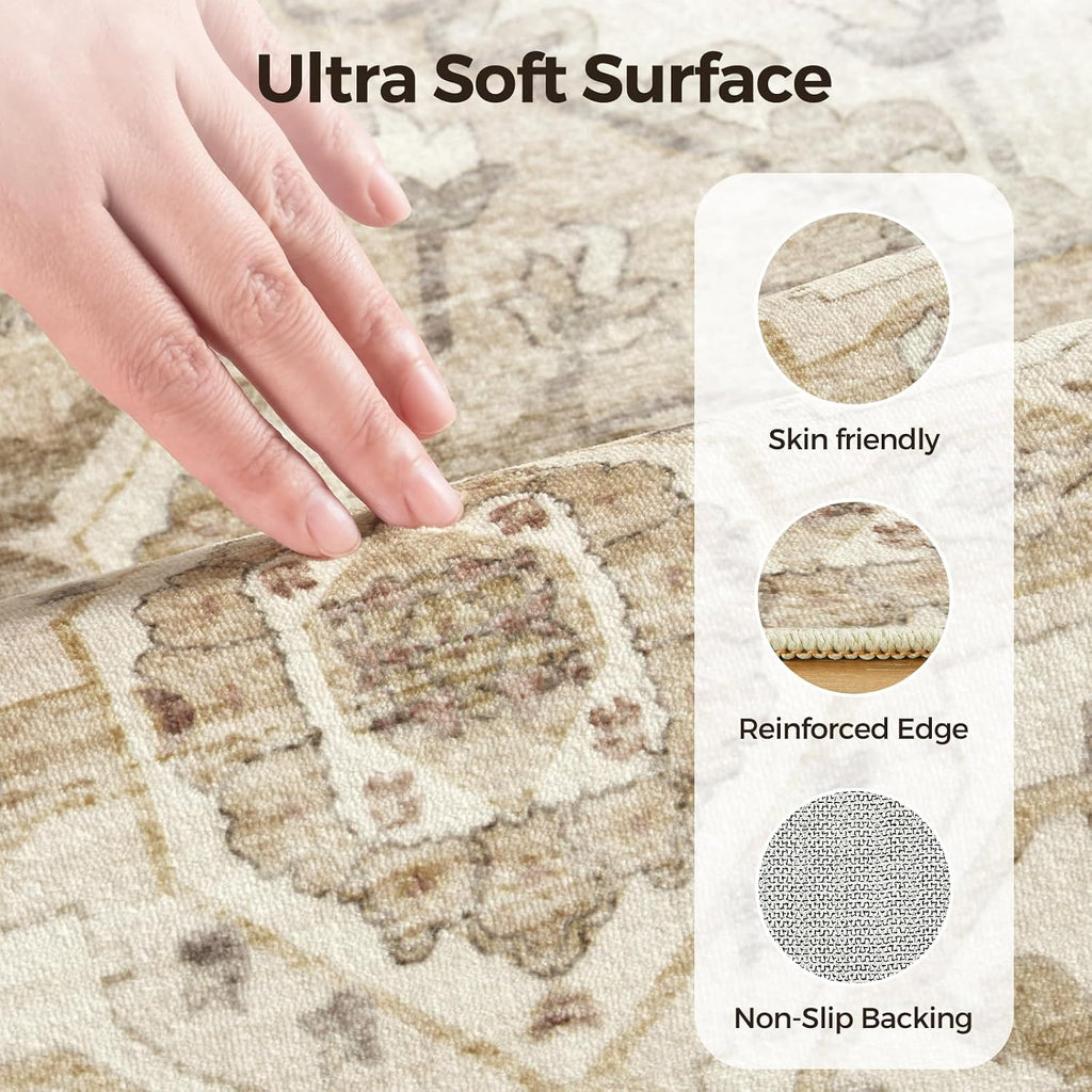 10x12 Living Room Area Rugs, Vintage Washable Rugs Non-Slip Large Carpet for Bedroom Office Dining Room Kitchen, Soft Thin Stain Resistant Retro Neutral Rug, Beige