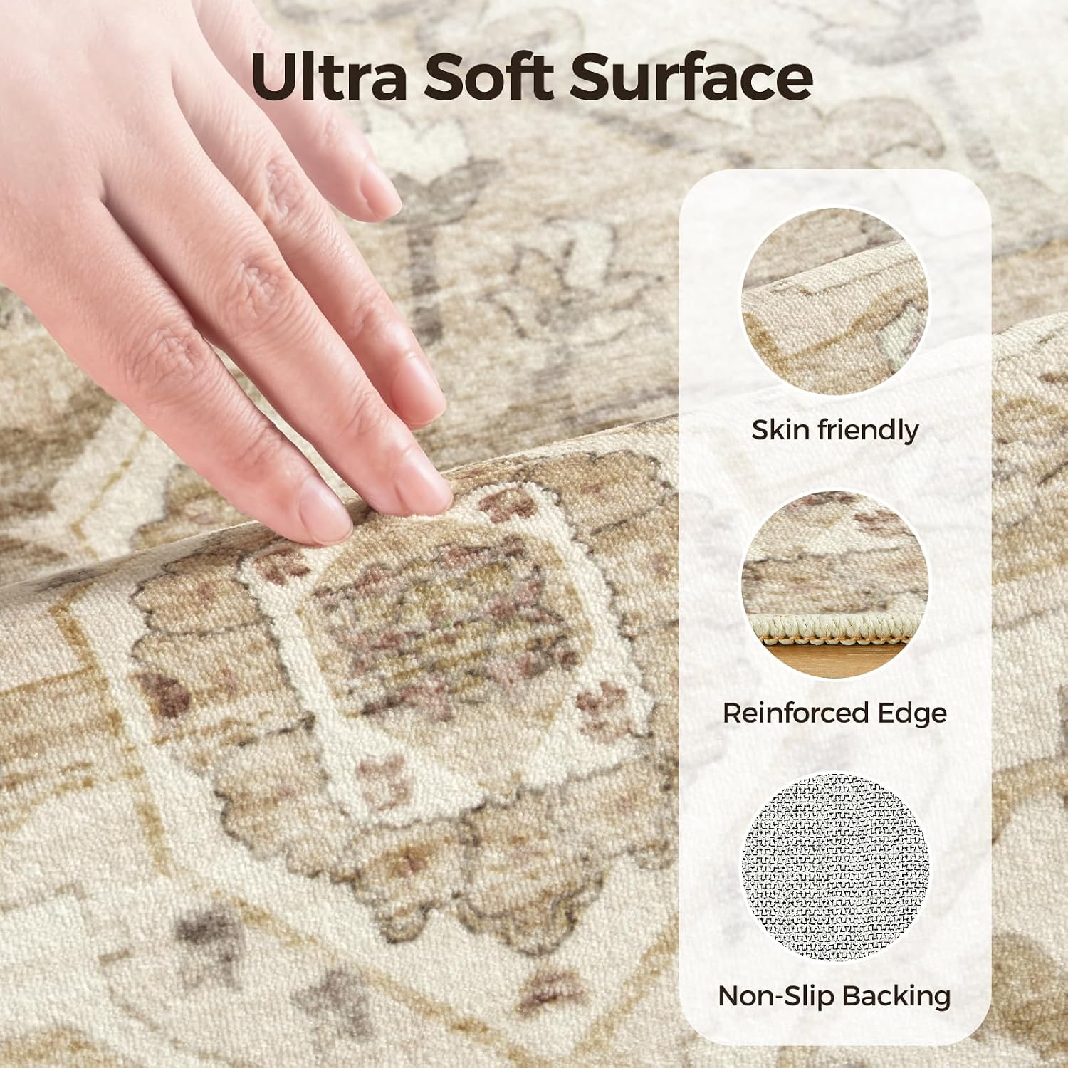 10x12 Living Room Area Rugs, Vintage Washable Rugs Non-Slip Large Carpet for Bedroom Office Dining Room Kitchen, Soft Thin Stain Resistant Retro Neutral Rug, Beige