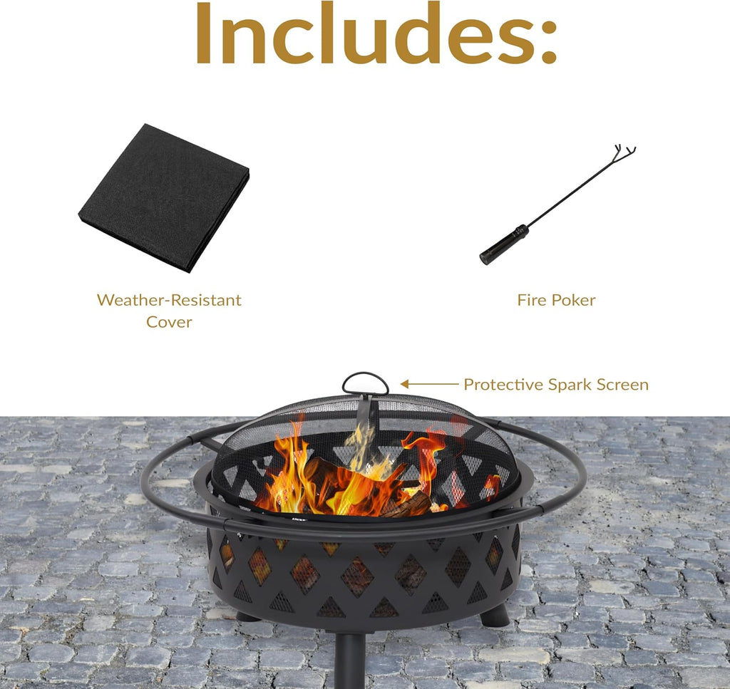 Sunnydaze Crossweave Outdoor Fire Pit - Wood-Burning Fire Pit for Outside with Spark Screen, Poker and Round Cover - 30-Inch - Black