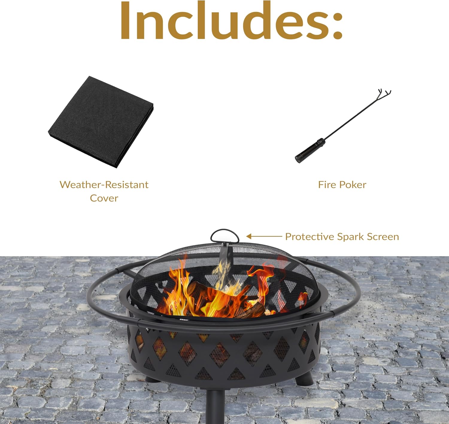 Sunnydaze Crossweave Outdoor Fire Pit - Wood-Burning Fire Pit for Outside with Spark Screen, Poker and Round Cover - 30-Inch - Black