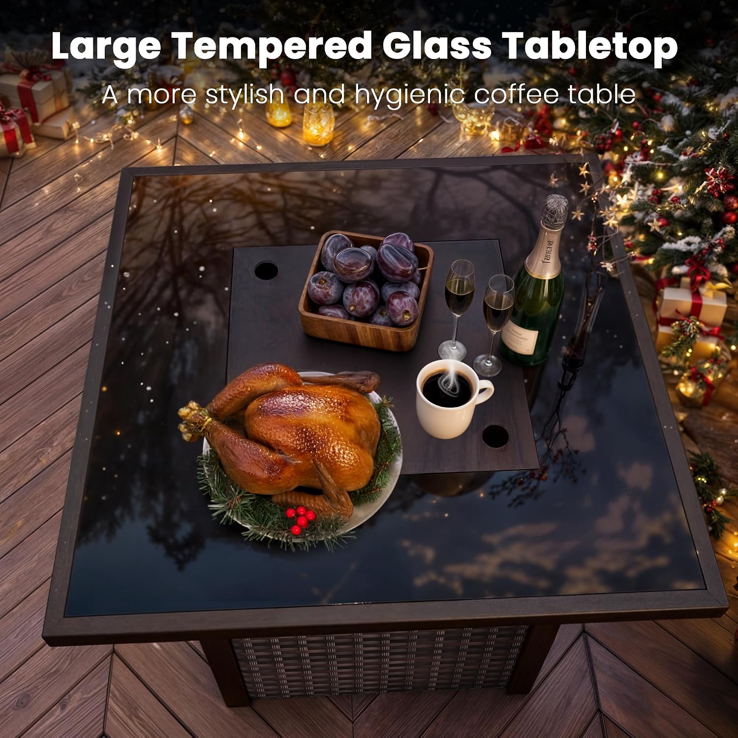 Propane Fire Pit Table, Outdoor Fire Pit Table, 28' Rattan Square Outdoor Gas FirePit with Glass Wind Guard, Tempered Glass Tabletop, Lid, CSA Listed, 50,000 BTU, Outside Patio Deck & Garden, Brown