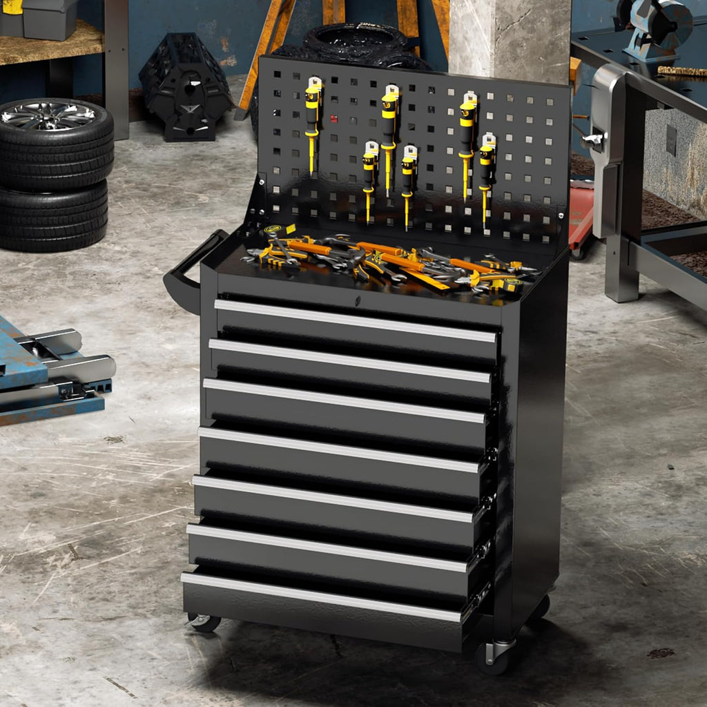 Greenvelly Tool Chest, 7-Drawer Rolling Tool Chest with Hooks and Lockable Wheels,Tool Cabinet with Pegboard and Handle for for Garage,Workshop,Art Studio(Black)