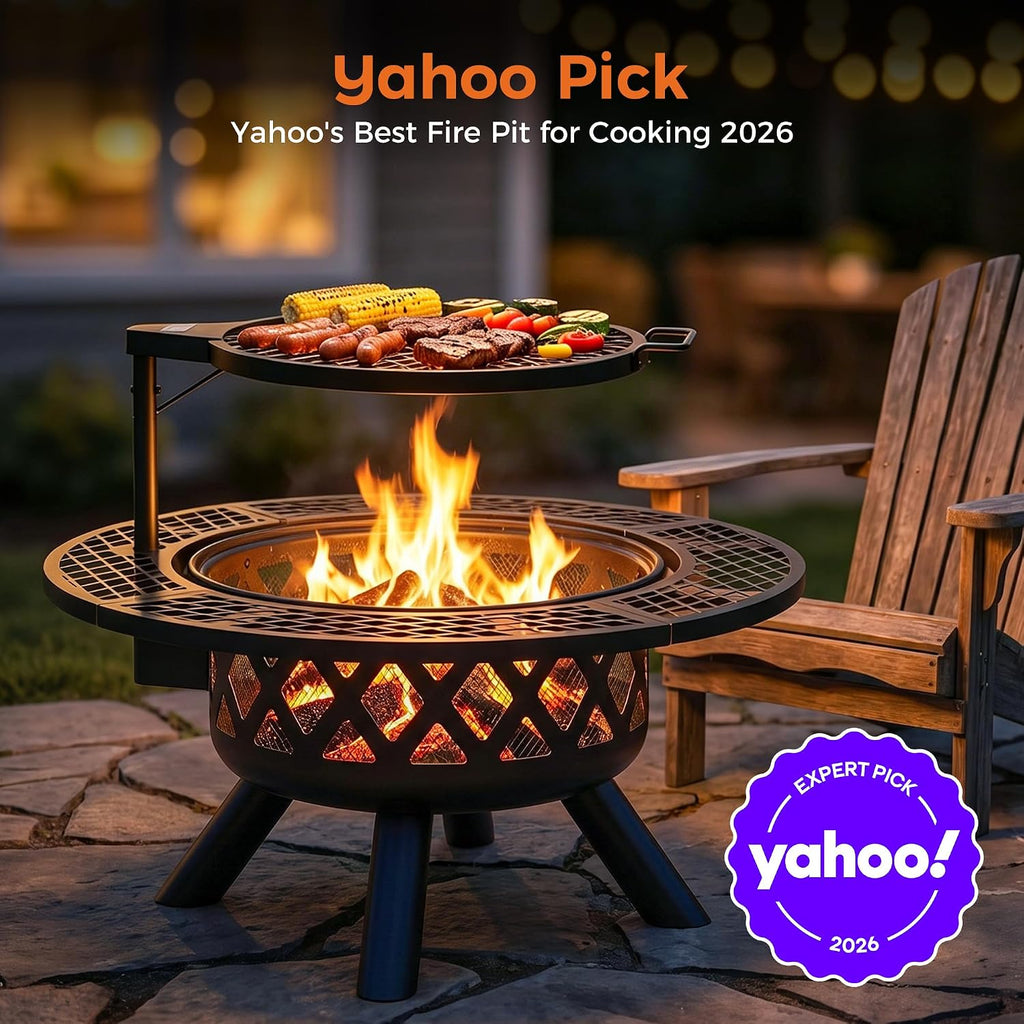 BALI OUTDOORS Fire Pit with Poker, 32 inch Outdoor Fire Pit Patio, Wood Burning Firepits for Outside with Grill