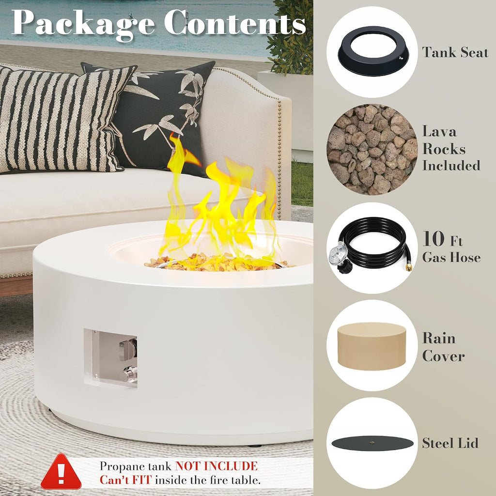 32.5 Inch Propane Fire Pit Table, 50,000 BTU Round Patio Fire Pit Table Outdoor, CSA Certified, Stainless Burner with Steel Lid, Waterproof Cover & Lava Rocks, for Garden Backyard, White