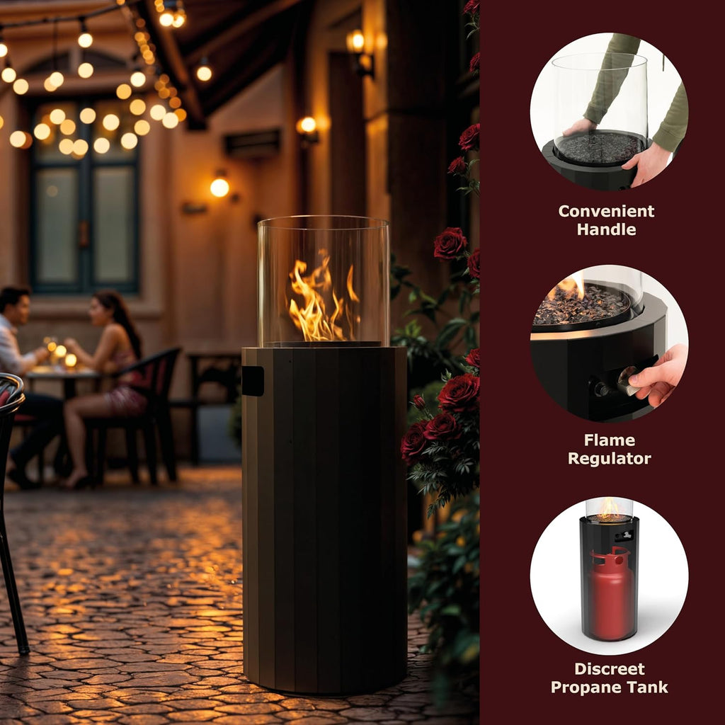Planika BINO Outdoor Gas Fireplace - Fire Column with Glass Shield for Patio or Gardens (Outdoor Cover Incl) (Black)