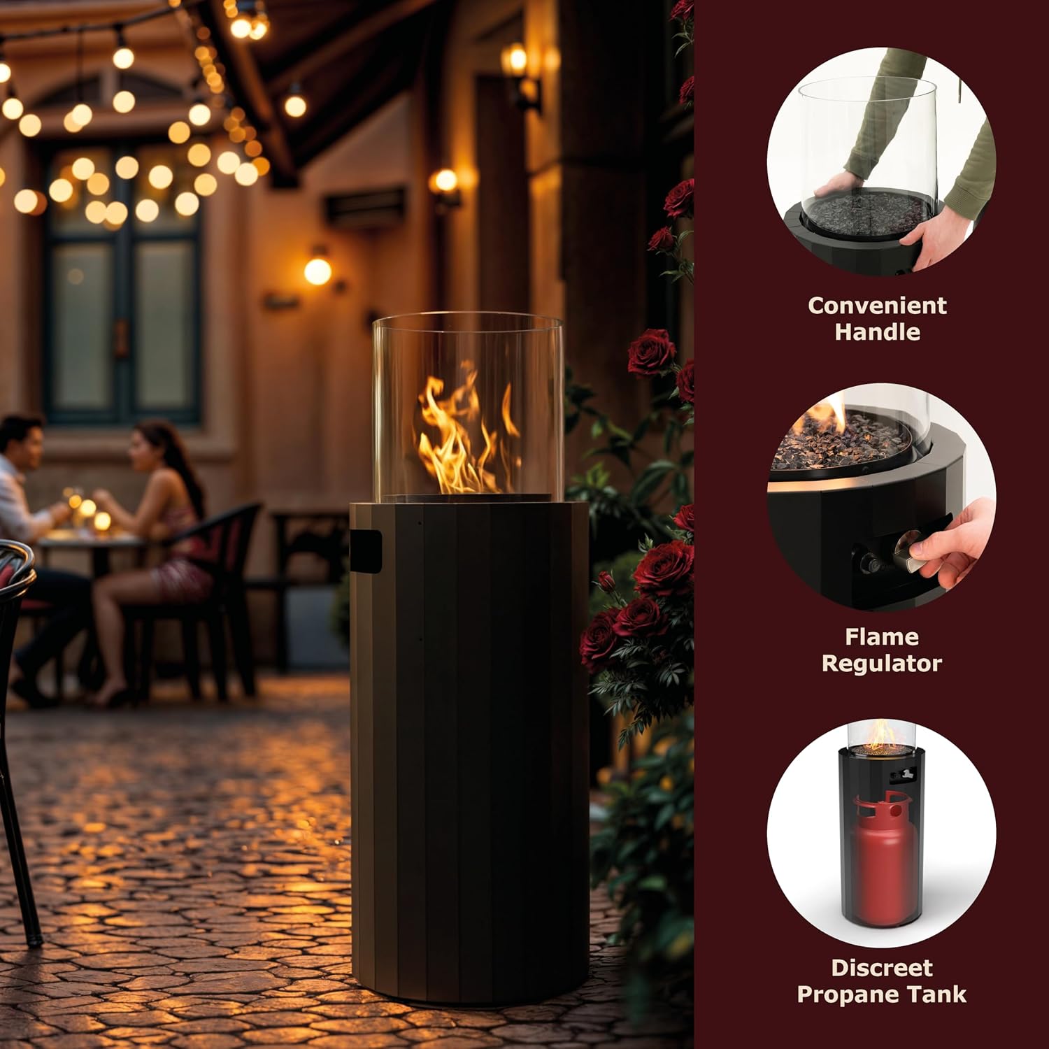 Planika BINO Outdoor Gas Fireplace - Fire Column with Glass Shield for Patio or Gardens (Outdoor Cover Incl) (Black)