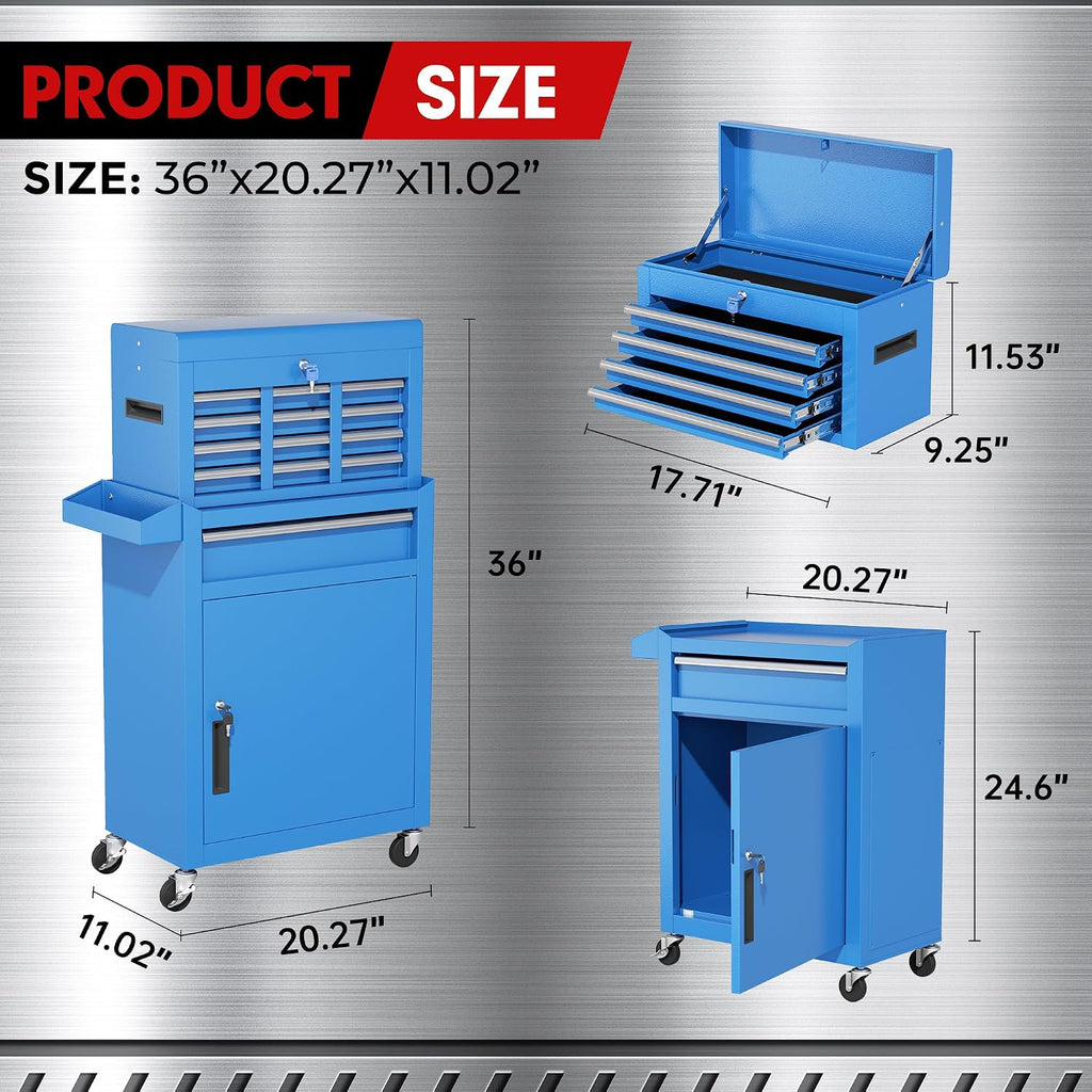 INTERGREAT Blue Tool Chest, 5-Drawer Rolling Tool Chest with Detachable Top Tool Box, Tool Chests with Universal Lockable Wheels, Metal Tool Cart for Garage, Workshop, Barbershop