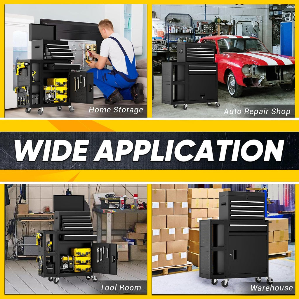 SILVEL 5-Drawers Rolling Tool Chest, Assembled Tool Box with Auto Locking System & Lockable Wheels & Sliding Drawers & Detachable Top, Tool Storage Cabinet for Garage Workshop, Black