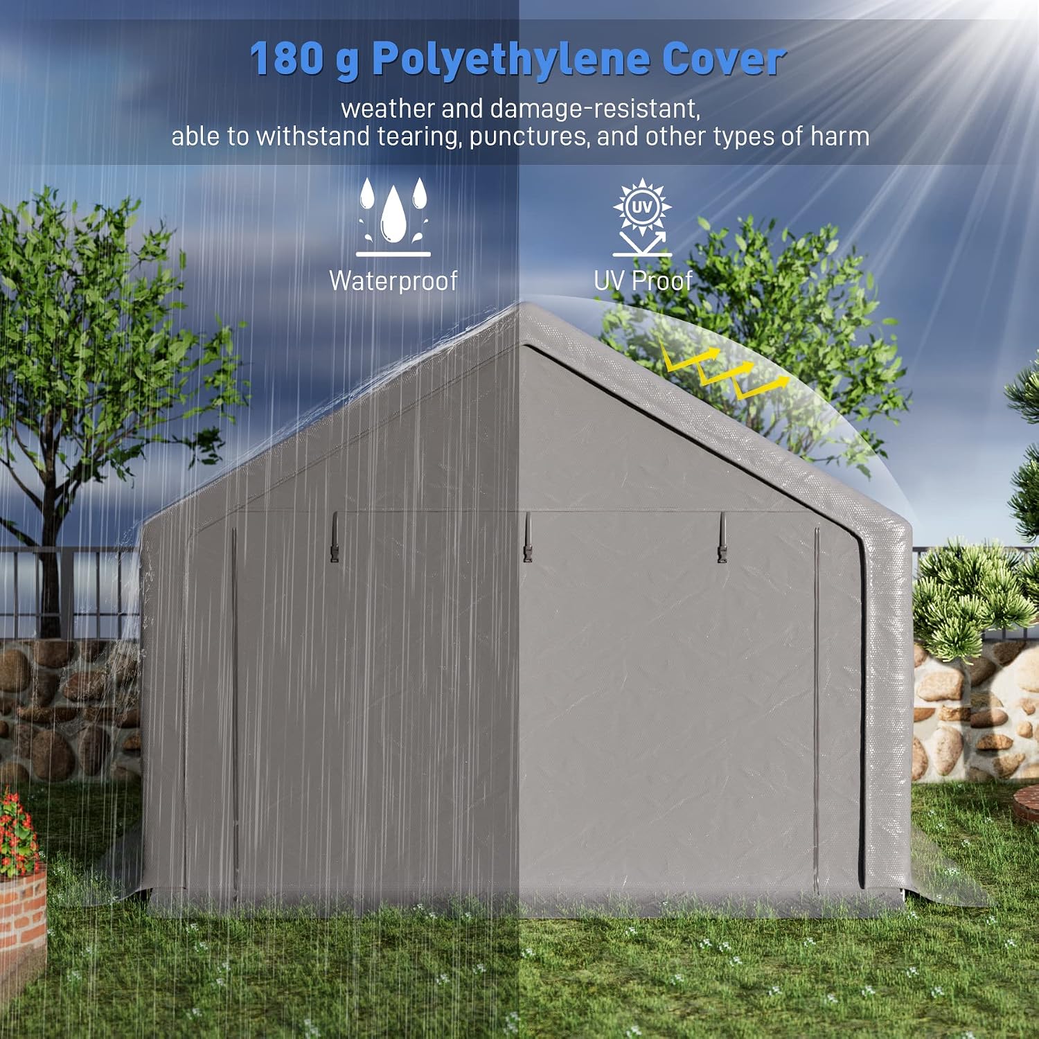 Outdoor Storage Shelter, 8x8 ft Portable Shed with Roll up Zipper Door, Waterproof and UV Resistant Anti-Snow, Heavy Duty Carport for Storing Garden Tools, Outdoor Equipment