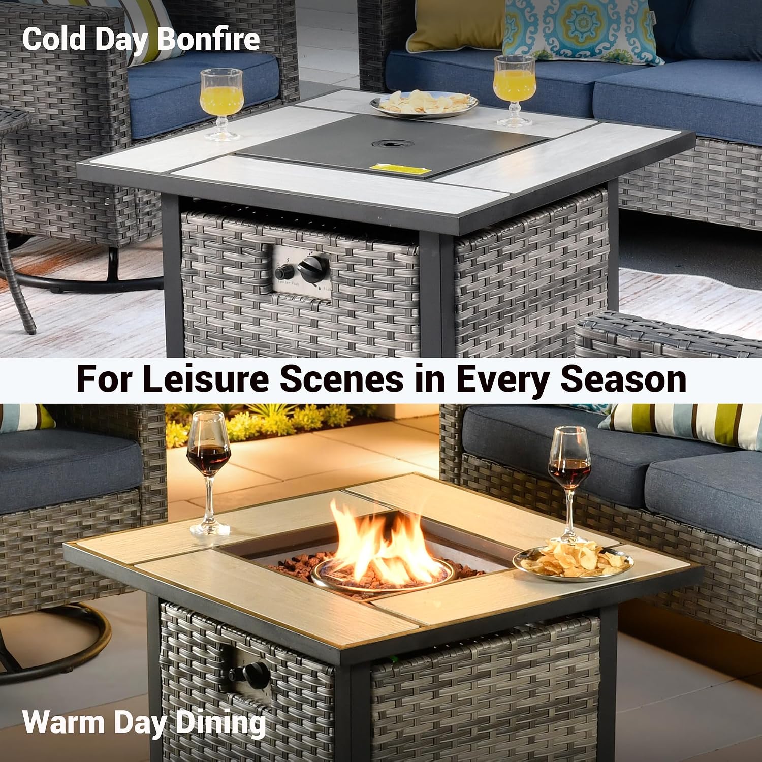 OVIOS 30 Inch Outdoor Patio Fire Pit Table, 50,000 BTU Heater PE Rattan Propane Firepits with Ceramic Tabletop, Waterproof Cover, Steel Lid and Lava Rock, Square, Grey