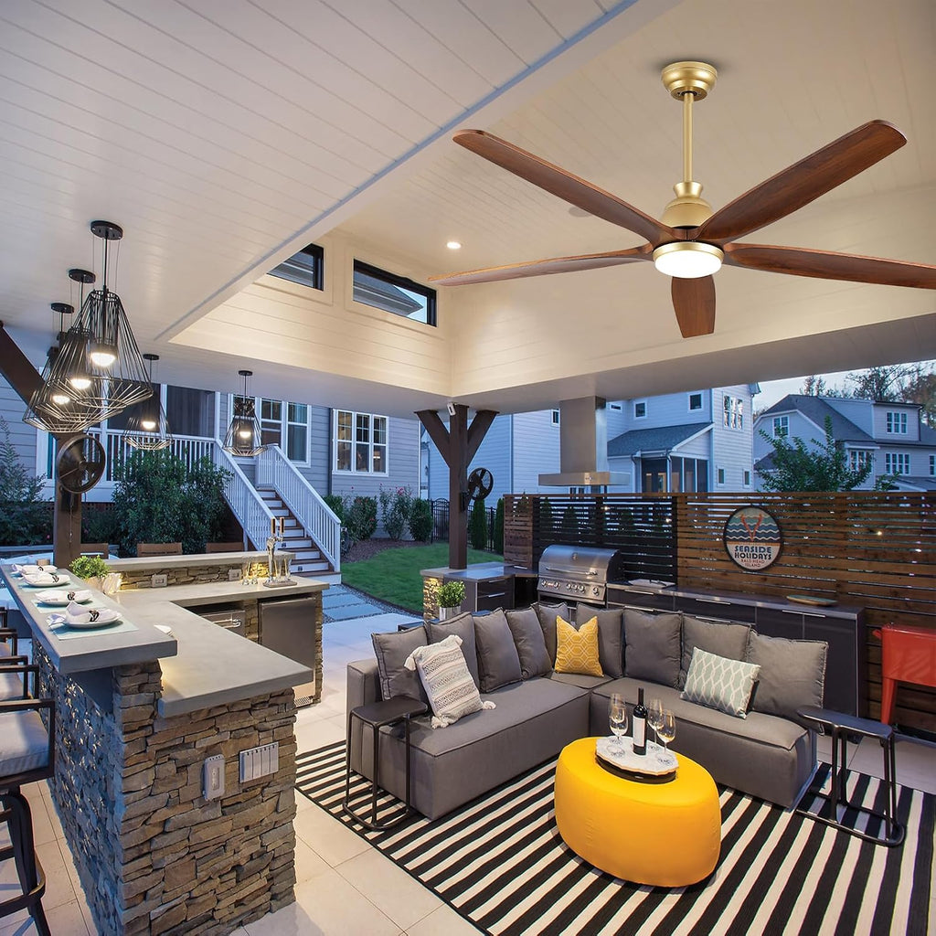 52 Inch Gold Ceiling Fans with Lights and Remote, 5 Blade Natural Solid Wood Ceiling Fan with Light Quiet DC Motor Fan, Farmhouse Ceiling Fans for Outdoor Patios Porch Gazebo Bedroom