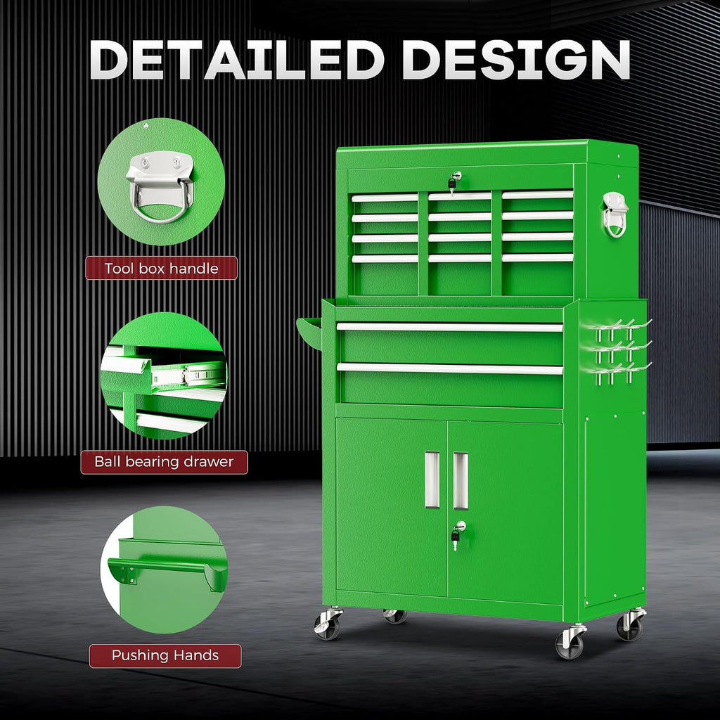 Bonusall 8 Drawer Rolling Tool Chest and Cabinet Combo,Heavy-Duty Metal Garage Tool Chest with Wheels and 2 Doors,2-in-1 Top Box and Roller Cabinet Combo for Garage, Workshop, Warehouse-Green