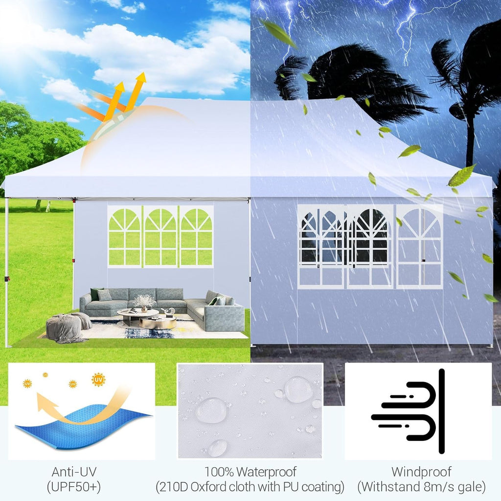 COBIZI 10x20 Pop Up Canopy with 4 Sidewalls, Conical Party Tent 10x20 with 3 Adjustable Height Waterproof, UV-Resistant with Carry Bag, Sandbag, Stake, Ropes for Parties, Commercial (Frame Upgraded)