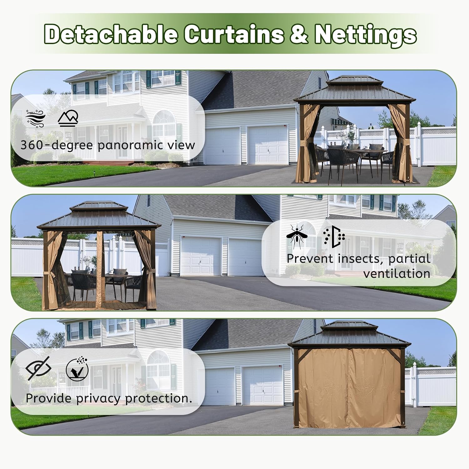 Hardtop Gazebo 8x10 FT, Metal Outdoor Gazebos with Galvanized Steel Double Roof, Curtains and Nettings, Permanent Gazebo Pavilion for Patio Wedding, Party, Outdoor Dining -Brown