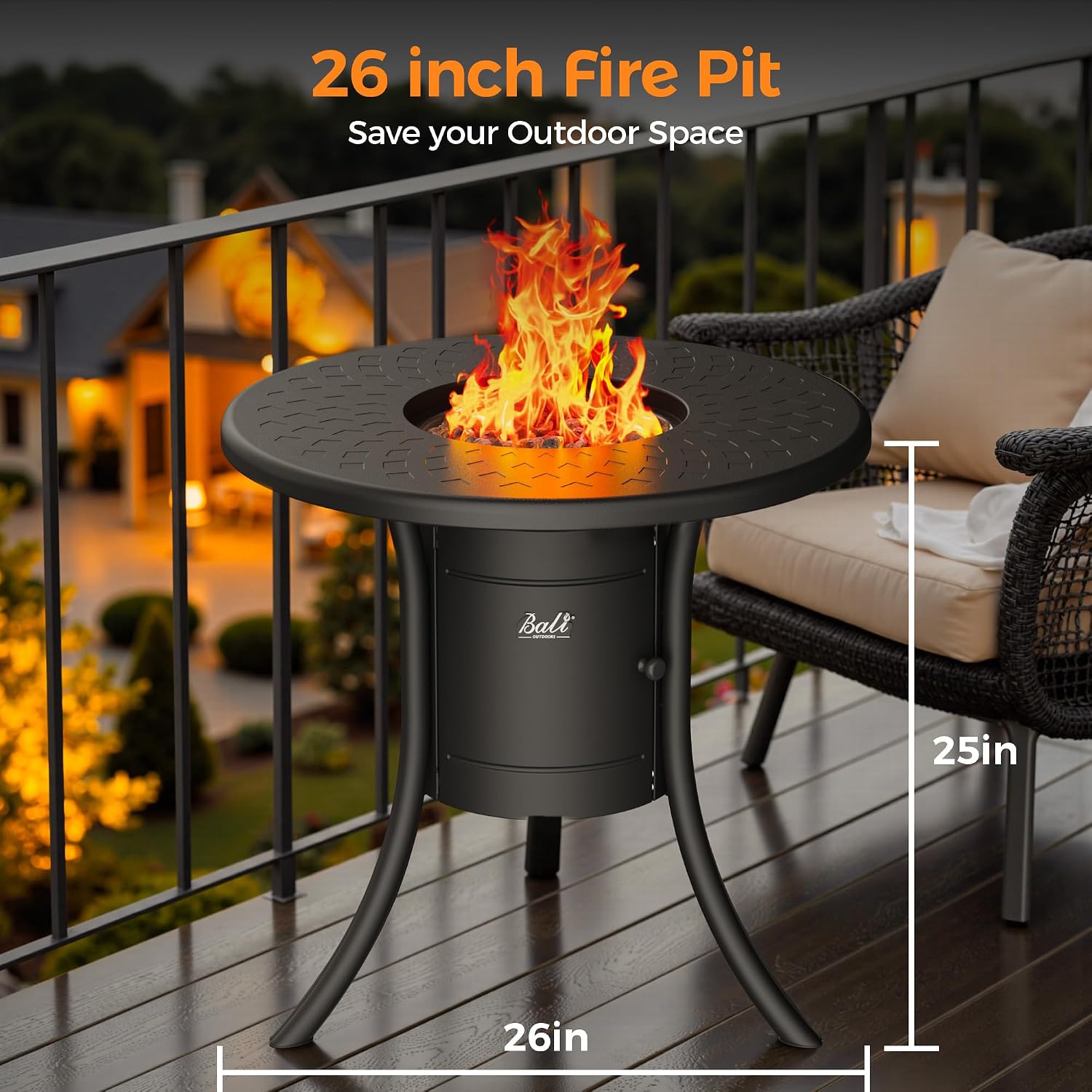 BALI OUTDOORS Dual 1-Pound Propane Fire Pit Outside, 26 inch Outdoor Fire Pit Black, Round Firepit Table for Outside Patio